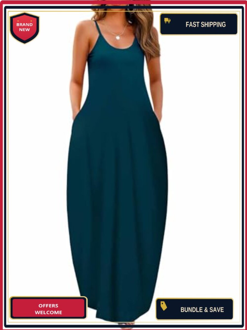 Plus Size Maxi Dress with Pockets, Adjustable Spaghetti Strap